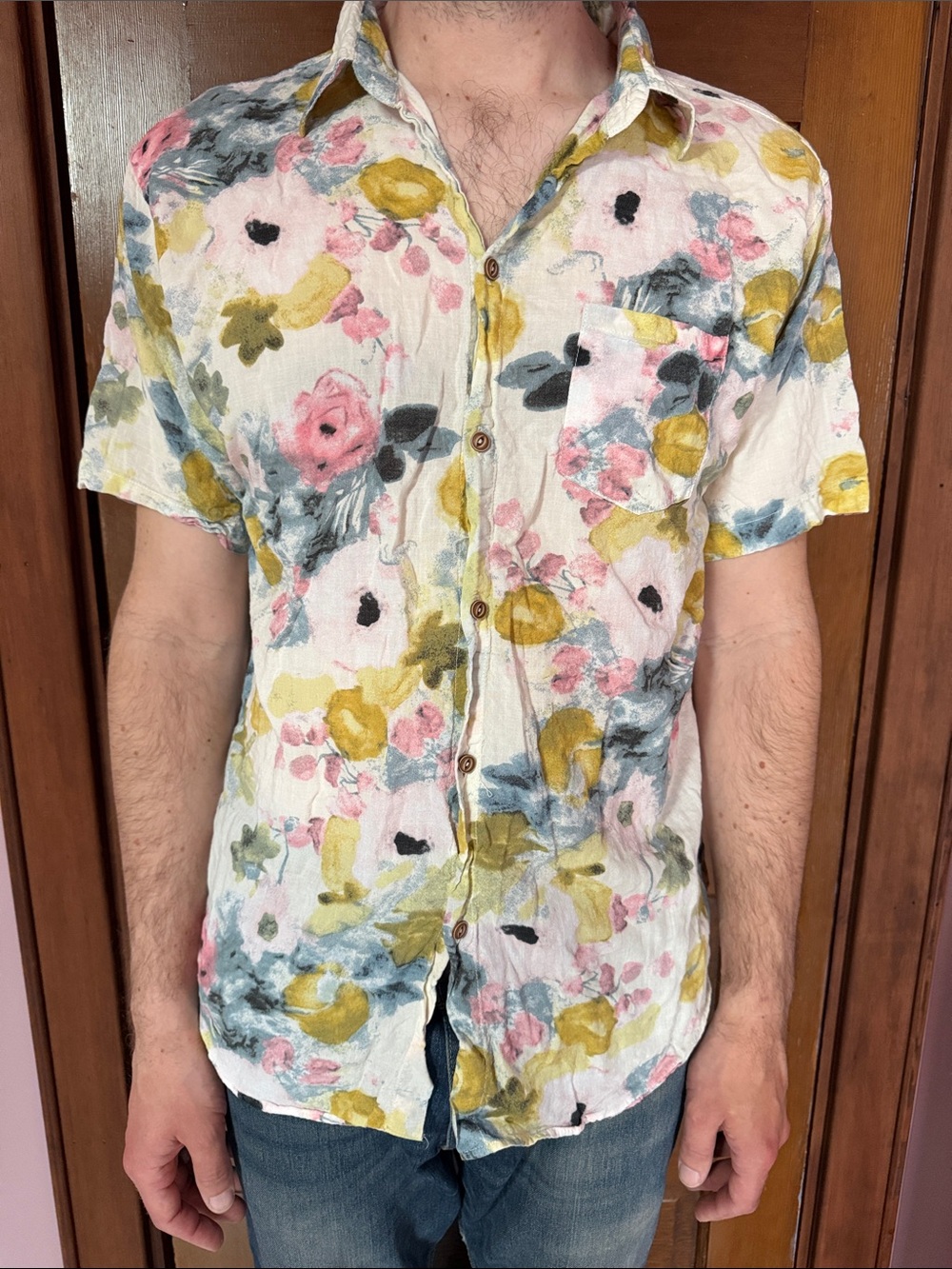 Men's Floral Short-Sleeve Button-Up Shirt - Pink, Yellow & Blue Size M